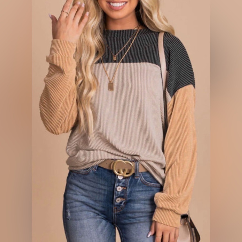 NEW Black Tan Apricot Color Block Corduroy Look Ribbed Oversized Top